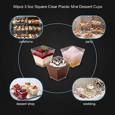 50pcs Square Mini Plastic Dessert Cups 3.5oz Clear Parfait Cups for Desserts Appetizers Ice Cream