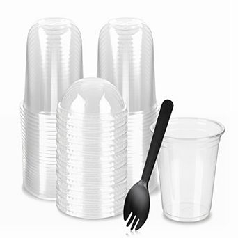 50 Pack 16 Oz Clear Plastic Dessert Cups w/ Dome Lids Sporks Disposable Yogurt Parfait Party Serving