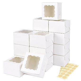 50 pc White Cookie Boxes w/Window 4x4x2.5 in Bakery + 5 Stickers for Small Cookies Desserts Chocolate