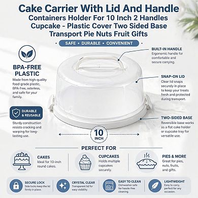 Cake Carrier With Lid Handle Food Grade Plastic 10 Inch Cupcake Pie Transport Multipurpose