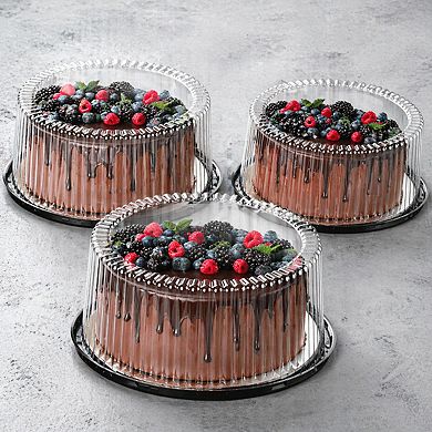 3 Plastic Disposable Cake Containers w/Dome Lids & Boards 10-11in Round 2-3 Layer Holder Display