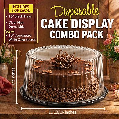 3 Plastic Disposable Cake Containers w/Dome Lids & Boards 10-11in Round 2-3 Layer Holder Display
