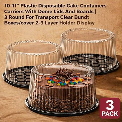 3 Plastic Disposable Cake Containers w/Dome Lids & Boards 10-11in Round 2-3 Layer Holder Display