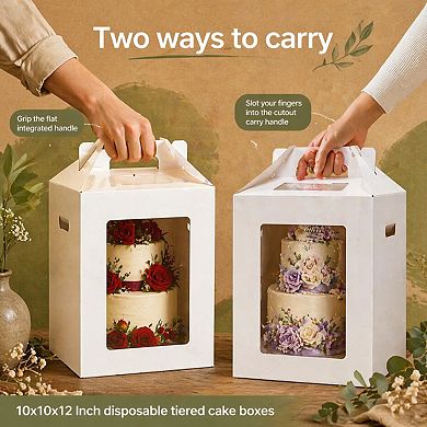 3 Pack Tall Cake Boxes 10x10x12 Inch Disposable Layer Baking With Window Handle Bakery Transport