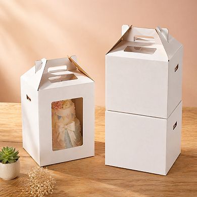 3 Pack Tall Cake Boxes 10x10x12 Inch Disposable Layer Baking With Window Handle Bakery Transport