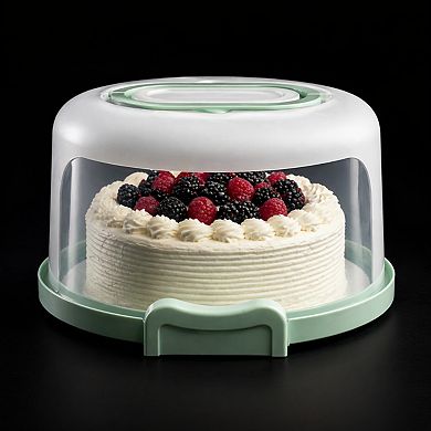 Round Cake Carrier: Two-Sided Holder, 5-Section Tray, Portable Clear Cover, Sturdy Clamps,