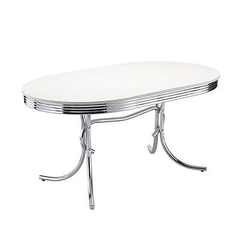 FurniFact Sleek Silver Oval Dining Table with Glossy White Top and Chrome Accents
