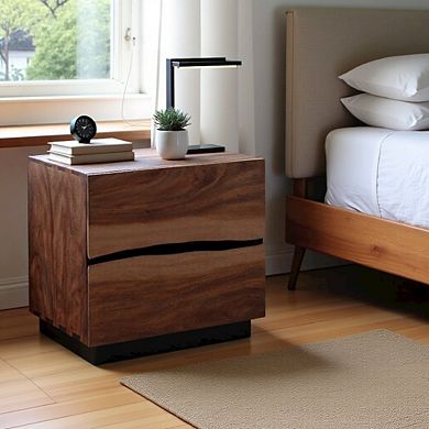 FurniFact Farmhouse Walnut Nightstand Dark Wood Nightstand with Two Drawers
