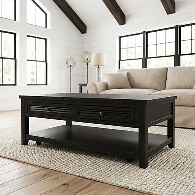 FurniFact Rectangular Distressed Java Coffee Table with 2 Drawers and Coastal Style