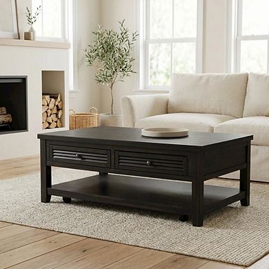 FurniFact Rectangular Distressed Java Coffee Table with 2 Drawers and Coastal Style