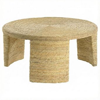 FurniFact Warm Brown Round Coffee Table with Woven Rattan Surface Coastal Design