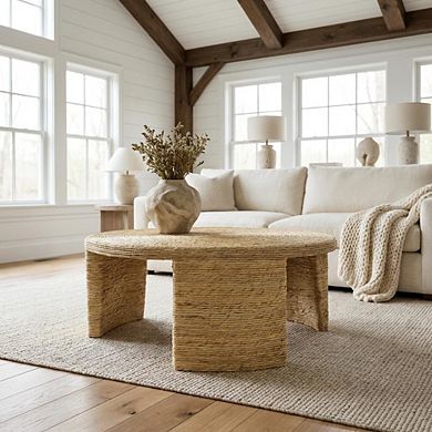 FurniFact Warm Brown Round Coffee Table with Woven Rattan Surface Coastal Design