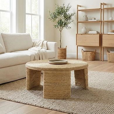 FurniFact Warm Brown Round Coffee Table with Woven Rattan Surface Coastal Design