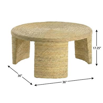 FurniFact Warm Brown Round Coffee Table with Woven Rattan Surface Coastal Design
