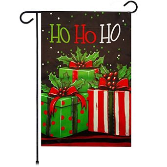 G128 Ho Ho Ho Christmas Gift Box Garden Flag 12x18 in Double Sided Christmas Decoration