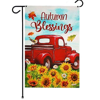 G128 Autumn Blessings Red Truck Sunflower Garden Flag 12x18 in Double Sided Fall Decoration