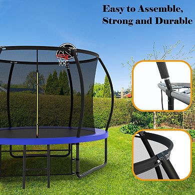 10FT Pumpkin Trampoline with Safety Enclosure and Basketball Hoop for Backyard
