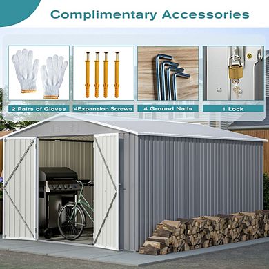 Outdoor Storage Shed 118x145 Inch Galvanized Steel Tool Shed with Double Doors for Backyard