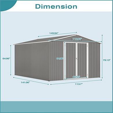 Outdoor Storage Shed 118x145 Inch Galvanized Steel Tool Shed with Double Doors for Backyard