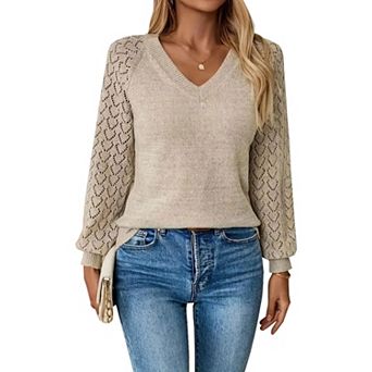 Women's V-Neck Knit Sweater Hollow Out Long Sleeve Pullover Top