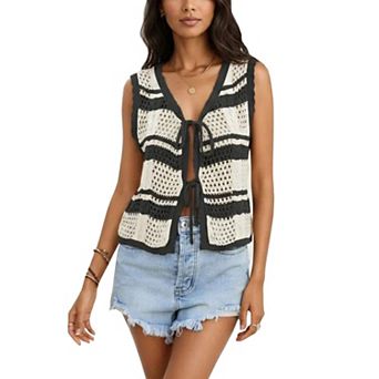 Women's Striped Crochet Vest Sleeveless V Neck Front Tie Knitted Top
