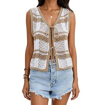 Women's Striped Crochet Vest Sleeveless V Neck Front Tie Knitted Top