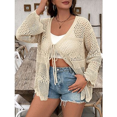 Women's Plus Size Cardigans Lightweight Tie Front Crochet Long Sleeves Cardigan