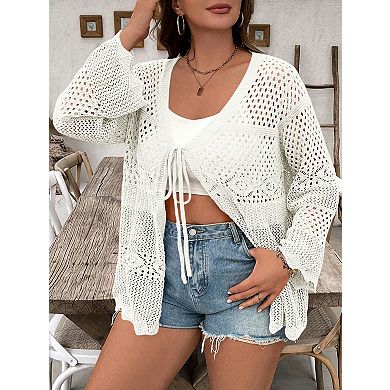 Women's Plus Size Cardigans Lightweight Tie Front Crochet Long Sleeves Cardigan