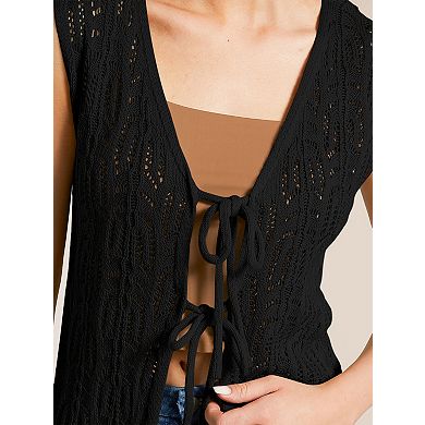 Women's Sleeveless Tie-Front Cardigan Lightweight Knit Vest Sweater