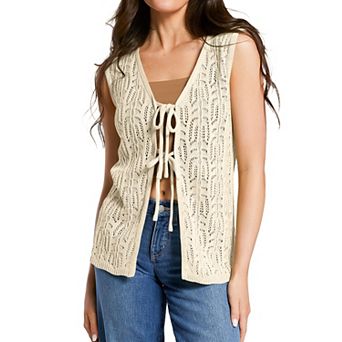 Women's Sleeveless Tie-Front Cardigan Lightweight Knit Vest Sweater