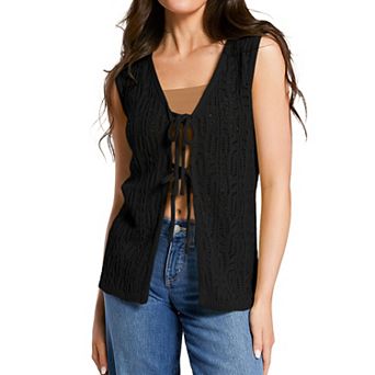 Women's Sleeveless Tie-Front Cardigan Lightweight Knit Vest Sweater
