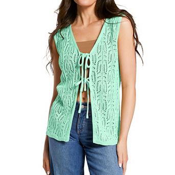 Women's Sleeveless Tie-Front Cardigan Lightweight Knit Vest Sweater