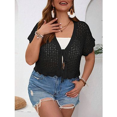 Women's Short Sleeves Tie Front Cardigan Plus Size Lightweight Sweater with Ruffle Design