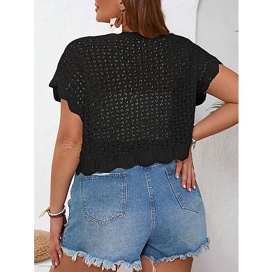 Women's Short Sleeves Tie Front Cardigan Plus Size Lightweight Sweater with Ruffle Design