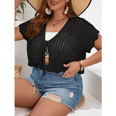 Women's Short Sleeves Tie Front Cardigan Plus Size Lightweight Sweater with Ruffle Design
