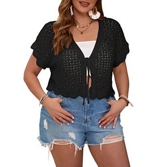 Women's Short Sleeves Tie Front Cardigan Plus Size Lightweight Sweater with Ruffle Design