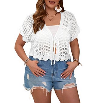 Women's Short Sleeves Tie Front Cardigan Plus Size Lightweight Sweater with Ruffle Design