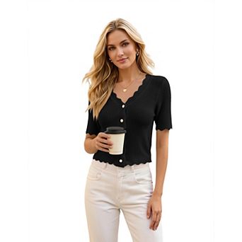 Women's Short-Sleeve Cardigan Lightweight Casual Sweater with Wavy Edge Design