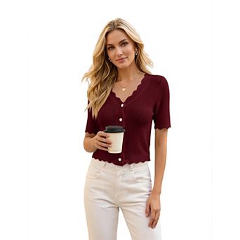 Women's Short-Sleeve Cardigan Lightweight Casual Sweater with Wavy Edge Design