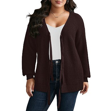 Women's Plus Size V Neck Long Sleeve Tie Front Cardigan
