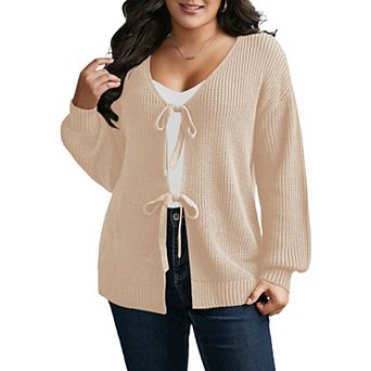 Women's Plus Size V Neck Long Sleeve Tie Front Cardigan
