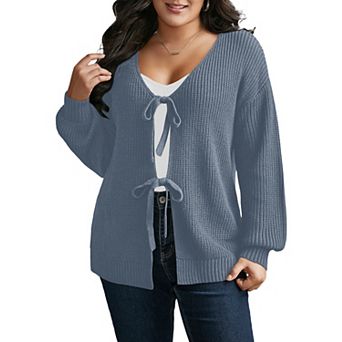Women's Plus Size V Neck Long Sleeve Tie Front Cardigan
