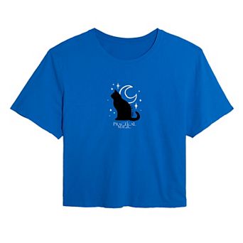 Juniors' Practical Magic Black Cat & Moon Cropped Tee