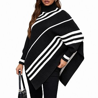 Women's Striped Mock Neck Batwing Sleeve Poncho Pullover Knit