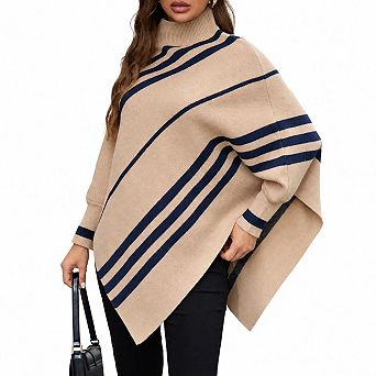 Women's Striped Mock Neck Batwing Sleeve Poncho Pullover Knit