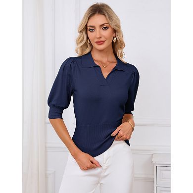 Women's Polo Collar Short Sleeve Knit Pullover Lightweight Summer Top