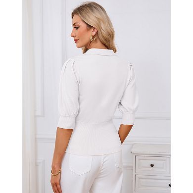 Women's Polo Collar Short Sleeve Knit Pullover Lightweight Summer Top