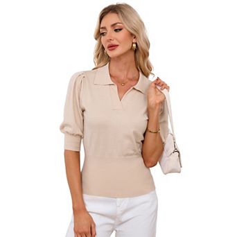 Women's Polo Collar Short Sleeve Knit Pullover Lightweight Summer Top