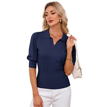 Women's Polo Collar Short Sleeve Knit Pullover Lightweight Summer Top