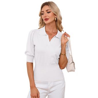 Women's Polo Collar Short Sleeve Knit Pullover Lightweight Summer Top